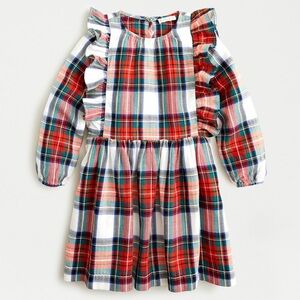 Girls’ Ruffle Trim Flannel Dress in Snowy Stewart Tartan